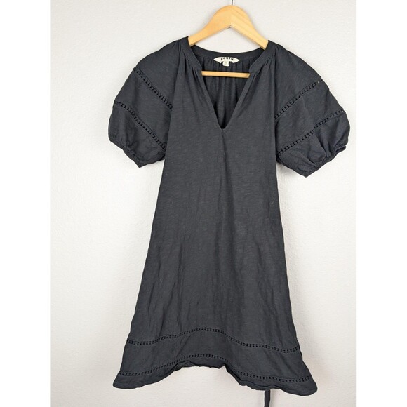 Boden Dresses & Skirts - Boden Dress Womens 6 Black Puff Sleeve V Neck Cotton Tie Waist Boho Lace Eyelet